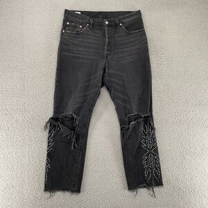 Levi's 501 Jeans Womens 29 Straight Ankle Raw Hem Distressed Embellished Western